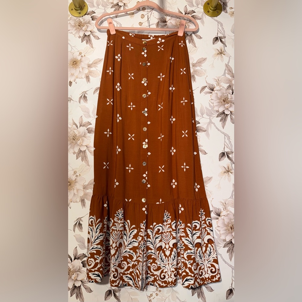 DR2 Rust Brown Maxi Skirt with White Floral Border #70